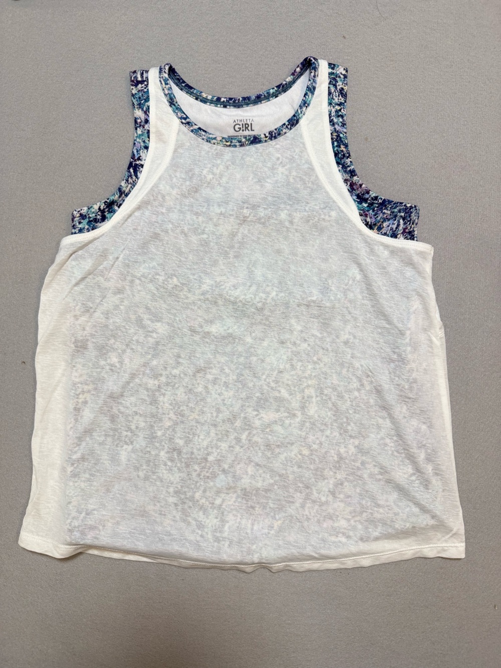 Athleta White Sheer Tank with Blue Floral Inner Layer